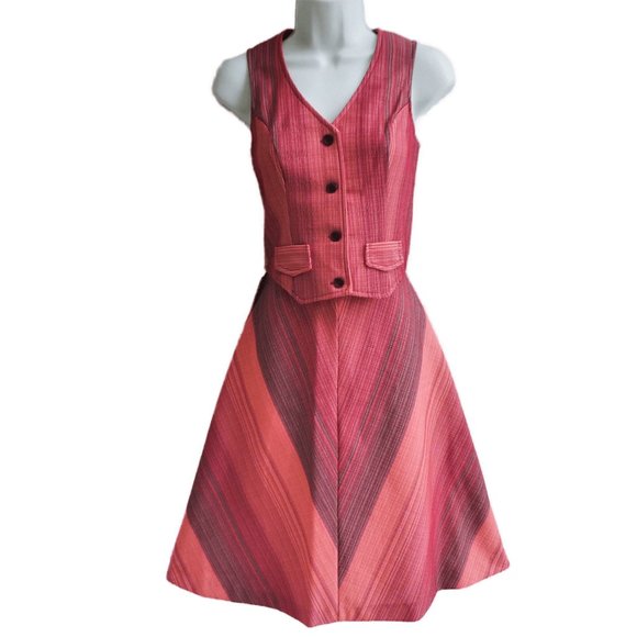 Freeport Fashions Vintage 70s Skirt Vest Set 2pc Chevron A Line Disco Pink